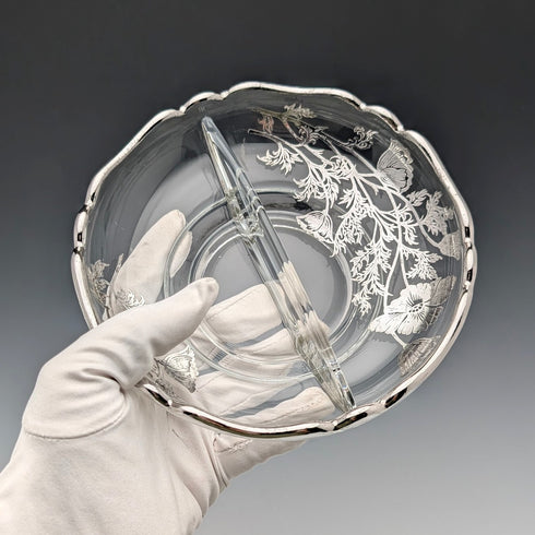 Vintage American Silver Overlay Divided Bowl with UV Glow Glass