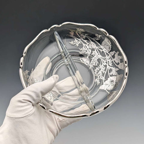 Vintage American Silver Overlay Divided Bowl with UV Glow Glass