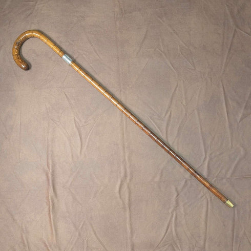 1921年頃 英国アンティーク ブラウンシャフト 曲がりハンドル 純銀装飾 ステッキ 杖 88cm