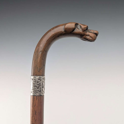 1919年 英国アンティーク ブラウンシャフト ドッグヘッドハンドル 純銀装飾 杖 87cm Jonathan Howell