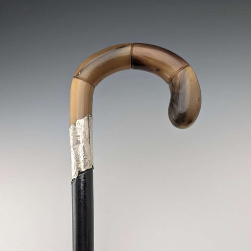 1920年 英国アンティーク ブラックシャフト ホーン曲がりハンドル 純銀装飾 ステッキ 杖 88cm