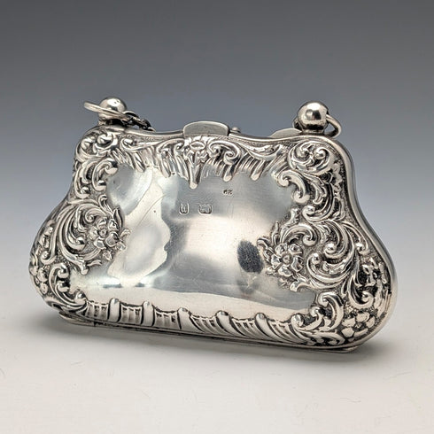 1898 British Antique Sterling Silver Coin Case with Chain by Henry Matthews