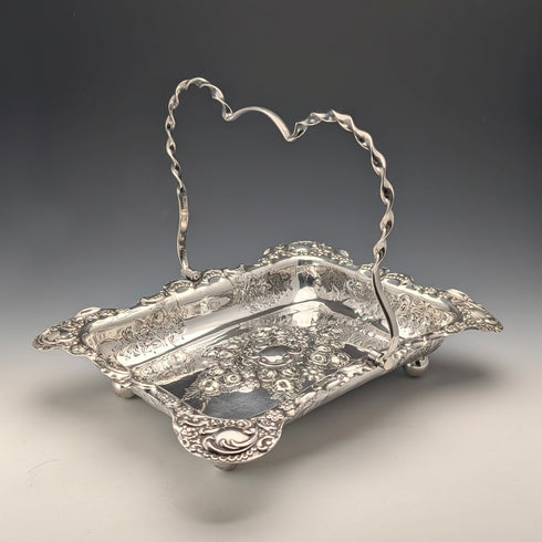 古董英國維多利亞晚期銀盤籃,配有可調式手柄