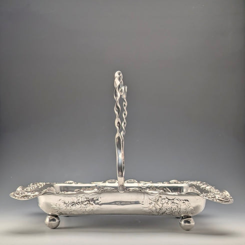 古董英國維多利亞晚期銀盤籃,配有可調式手柄