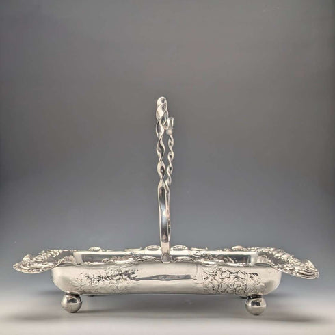 Antique British late Victorian silver plate basket with adjustable handle