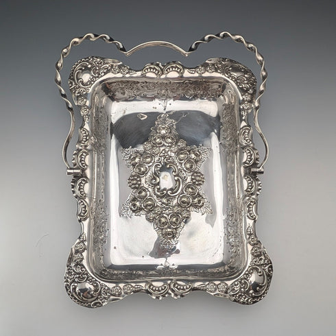 古董英國維多利亞晚期銀盤籃,配有可調式手柄