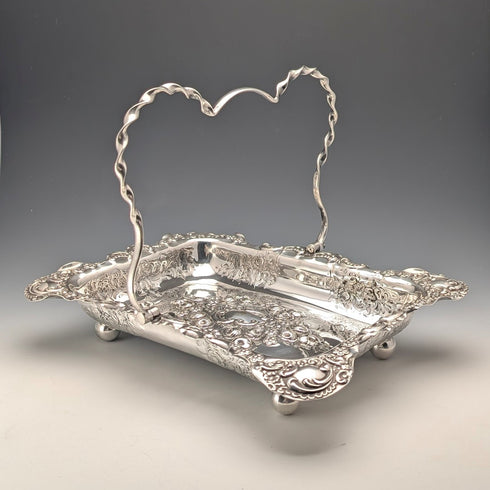 古董英國維多利亞晚期銀盤籃,配有可調式手柄