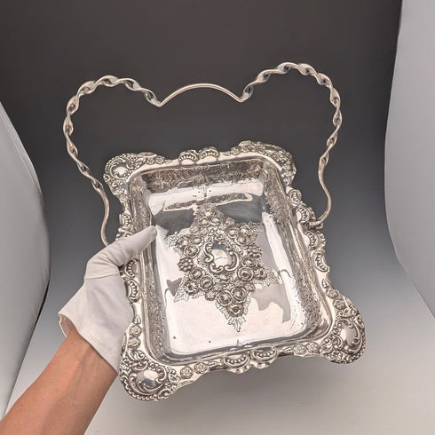 古董英國維多利亞晚期銀盤籃,配有可調式手柄