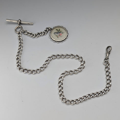 約 1915 年英國古董純銀阿爾伯特鏈,36 克,手繪鳥形錶鍊