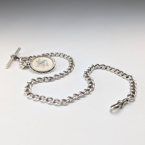 約 1915 年英國古董純銀阿爾伯特鏈,36 克,手繪鳥形錶鍊