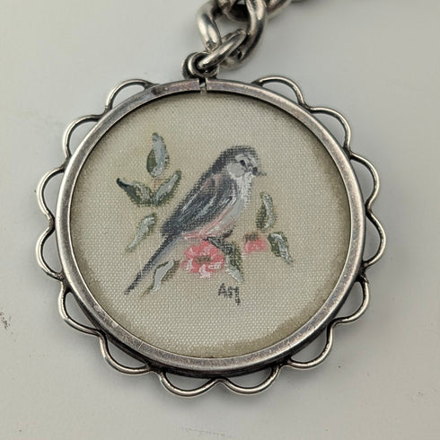 約 1915 年英國古董純銀阿爾伯特鏈,36 克,手繪鳥形錶鍊