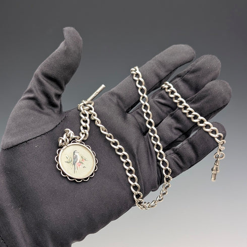 約 1915 年英國古董純銀阿爾伯特鏈,36 克,手繪鳥形錶鍊