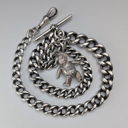 Circa 1910 British Antique Sterling Silver Extra Thick Albert Chain, 62g, Teddy Bear Fob