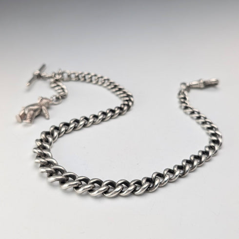 Circa 1910 British Antique Sterling Silver Extra Thick Albert Chain, 62g, Teddy Bear Fob