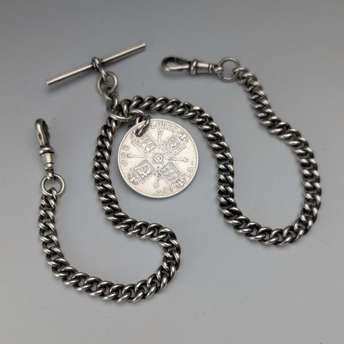 1923 British Antique Sterling Silver Double Albert Chain, 56g, 1 Florin Coin Fob, Britton & Sons