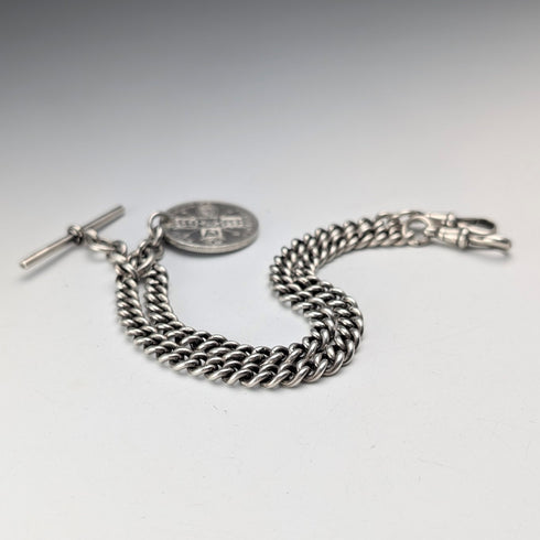 1923 British Antique Sterling Silver Double Albert Chain, 56g, 1 Florin Coin Fob, Britton & Sons