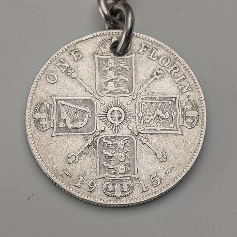 1923年 英国アンティーク 純銀製ダブルアルバートチェーン 56g 1フローリン銀貨フォブ Britton&Sons