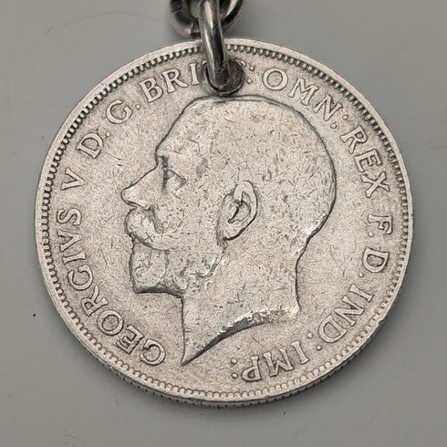 1923 British Antique Sterling Silver Double Albert Chain, 56g, 1 Florin Coin Fob, Britton & Sons