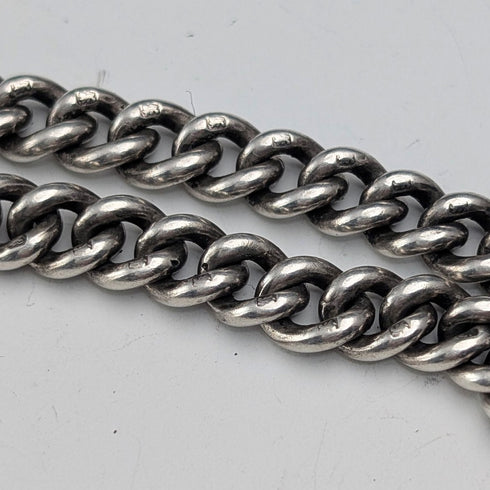 1923 British Antique Sterling Silver Double Albert Chain, 56g, 1 Florin Coin Fob, Britton & Sons
