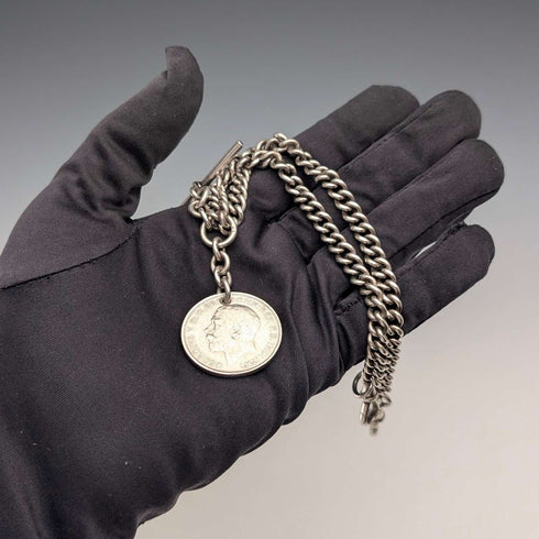 1923年 英国アンティーク 純銀製ダブルアルバートチェーン 56g 1フローリン銀貨フォブ Britton&Sons