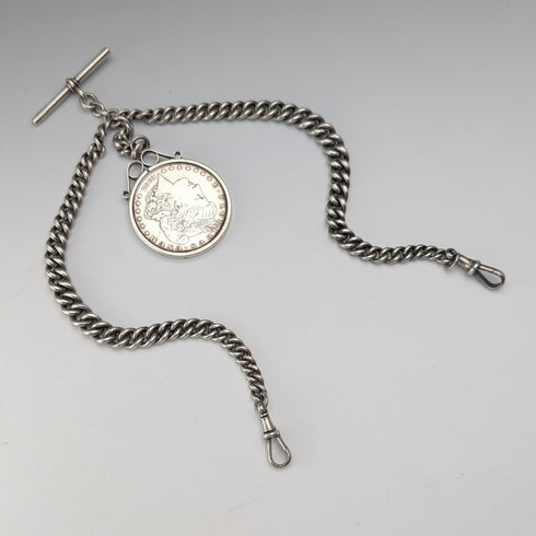1921 British Antique Sterling Silver Morgan Dollar Fob with Extra Thick Double Albert Chain, 95g, Henry Pope