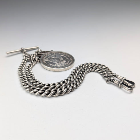 1921 British Antique Sterling Silver Morgan Dollar Fob with Extra Thick Double Albert Chain, 95g, Henry Pope