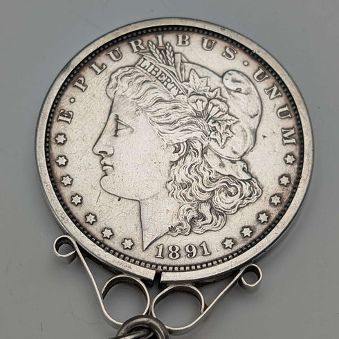 1921年 英国アンティーク 純銀製 極太ダブルアルバートチェーン 95g モルガンダラー銀貨フォブ HENRY POPE