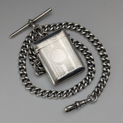 1920 British Antique Sterling Silver Albert Chain, 52g, with Sterling Silver Vesta Case