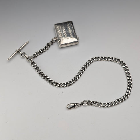 1920 British Antique Sterling Silver Albert Chain, 52g, with Sterling Silver Vesta Case