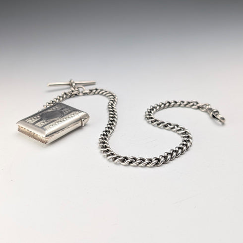 1920 British Antique Sterling Silver Albert Chain, 52g, with Sterling Silver Vesta Case
