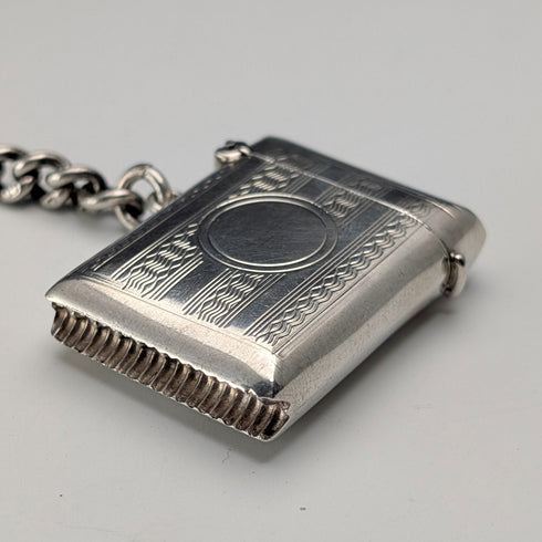 1920 British Antique Sterling Silver Albert Chain, 52g, with Sterling Silver Vesta Case