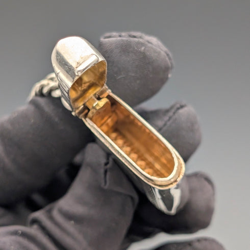 1920 British Antique Sterling Silver Albert Chain, 52g, with Sterling Silver Vesta Case