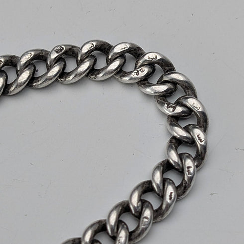 1920 British Antique Sterling Silver Albert Chain, 52g, with Sterling Silver Vesta Case