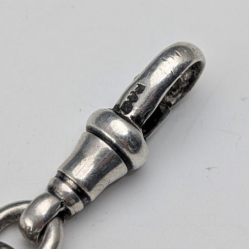 1920 British Antique Sterling Silver Albert Chain, 52g, with Sterling Silver Vesta Case