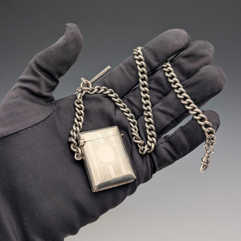 1920 British Antique Sterling Silver Albert Chain, 52g, with Sterling Silver Vesta Case