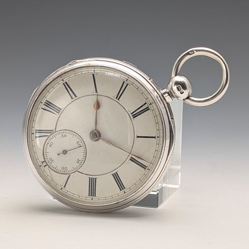 1881年 英国アンティーク John Cowgill 純銀ケース 鍵巻き 懐中時計 直径53mm 動作良好