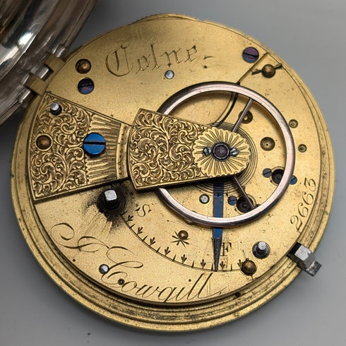 1881年 英国アンティーク John Cowgill 純銀ケース 鍵巻き 懐中時計 直径53mm 動作良好