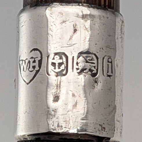 1908年 英国アンティーク ブラウンシャフト 曲がりハンドル 純銀装飾 軽量ステッキ 杖 80cm