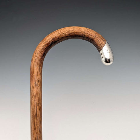 1919 British Antique Brown Shaft, Curved Handle, Pure Silver Decorated Lightweight Walking Stick, 82cm