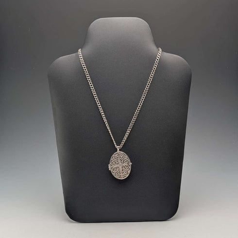 British Vintage Sterling Silver Oval Locket Pendant with Sterling Silver Necklace, 38g Total, CHC