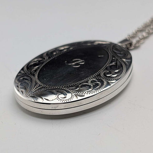 British Vintage Sterling Silver Oval Locket Pendant with Sterling Silver Necklace, 20g Total, JAM