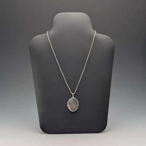British Vintage Sterling Silver Oval Locket Pendant with Sterling Silver Necklace, 19g Total, DJ
