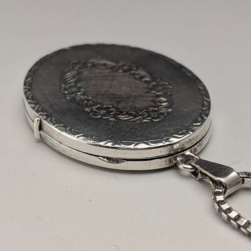 British Vintage Sterling Silver Oval Locket Pendant with Sterling Silver Necklace, 19g Total, DJ