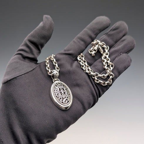 ヴィンテージ 純銀透かしペンダント& 極太純銀アズキチェーンネックレス 計28g POM