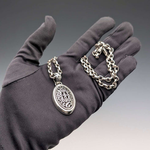 Vintage Pure Silver Openwork Pendant & Thick Pure Silver Azuki Chain Necklace, Total 28g, POM