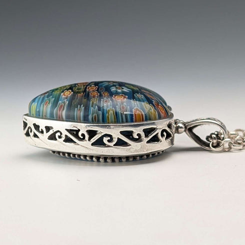 Vintage Millefiori Glass & Sterling Silver Pendant & Sterling Silver Azuki Chain Necklace, Total 80g