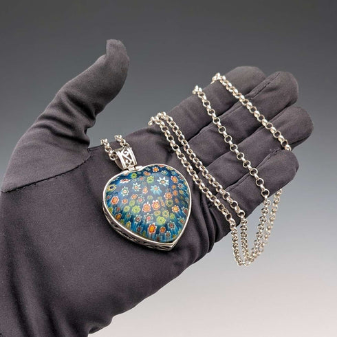 Vintage Millefiori Glass & Sterling Silver Pendant & Sterling Silver Azuki Chain Necklace, Total 80g
