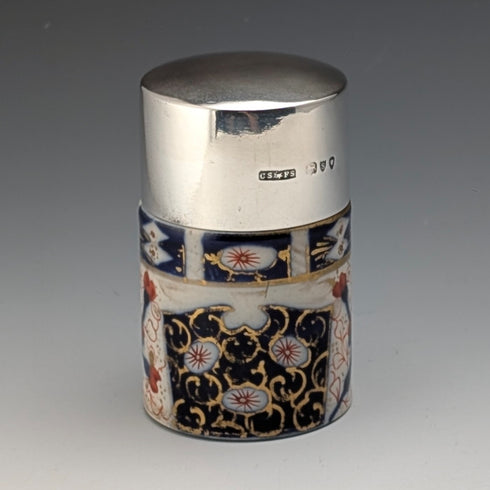 1893 British Antique Silver Lid Imari Pattern Ceramic Bottle Jar by Saunders & Shepherd