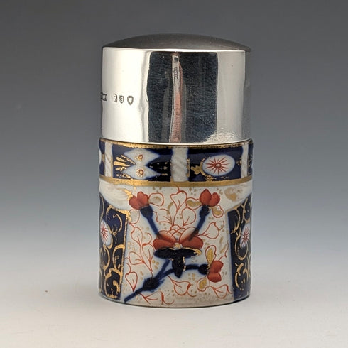 1893 British Antique Silver Lid Imari Pattern Ceramic Bottle Jar by Saunders & Shepherd