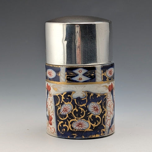 1893 British Antique Silver Lid Imari Pattern Ceramic Bottle Jar by Saunders & Shepherd